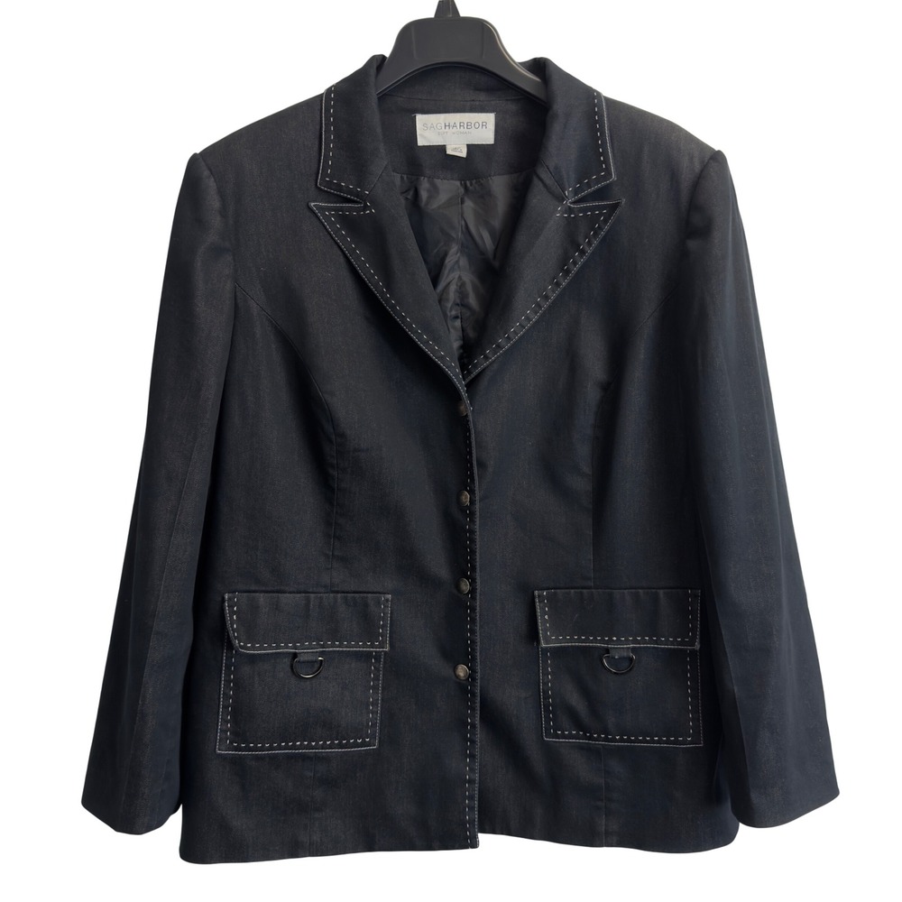 Sag Harbor Suit Woman Dark Indigo Denim Blazer Contrast Stitching Size 16W